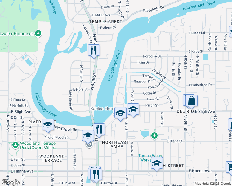 map of restaurants, bars, coffee shops, grocery stores, and more near 7218 East Bank Drive in Tampa