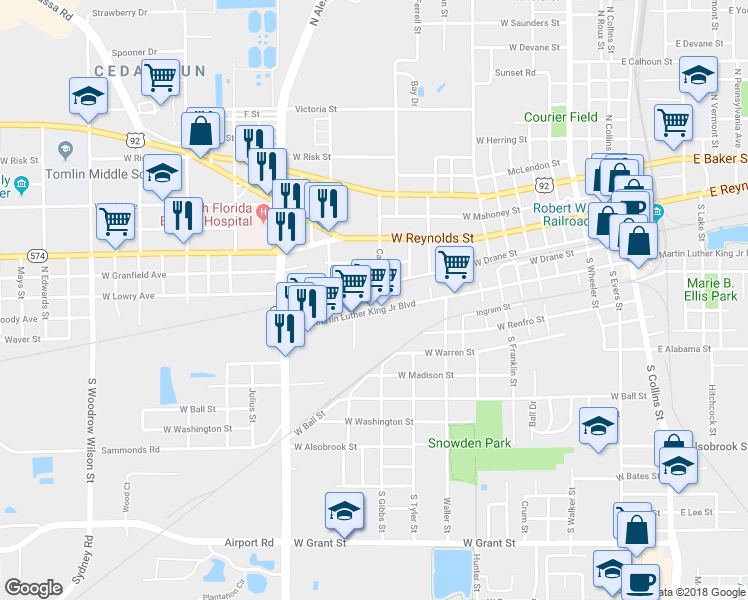 map of restaurants, bars, coffee shops, grocery stores, and more near 1204 West Doctor Martin Luther King Junior Boulevard in Plant City