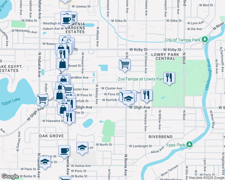 map of restaurants, bars, coffee shops, grocery stores, and more near 1808 West Cluster Avenue in Tampa