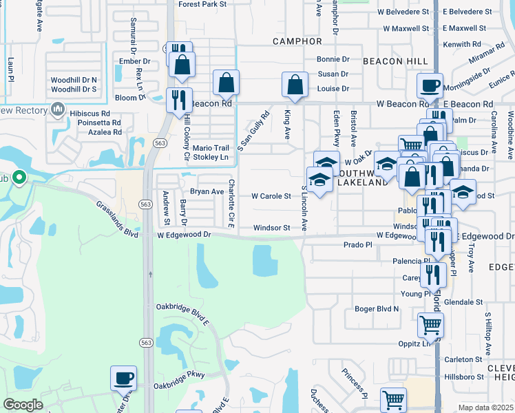 map of restaurants, bars, coffee shops, grocery stores, and more near 929 Castle Way in Lakeland