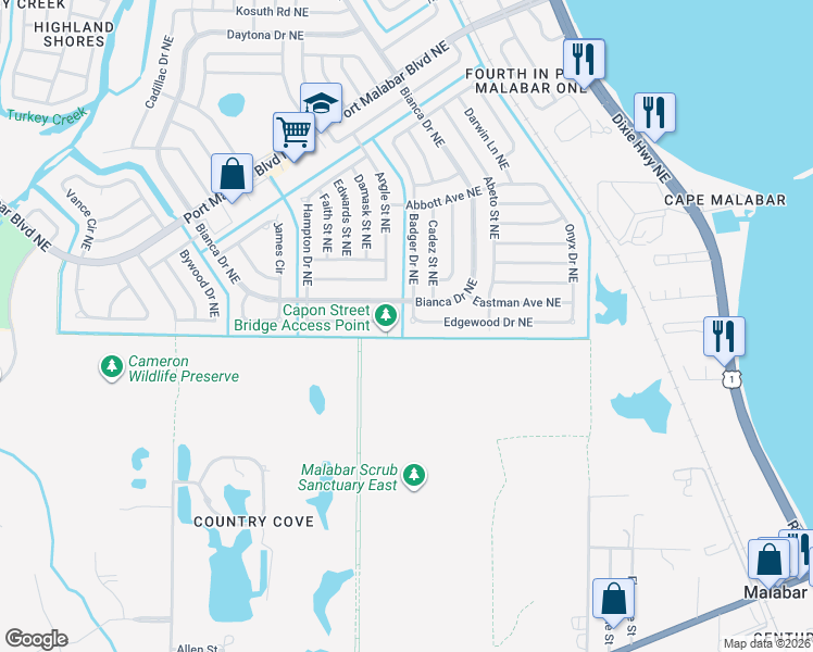 map of restaurants, bars, coffee shops, grocery stores, and more near 3002 Edgewood Drive Northeast in Palm Bay