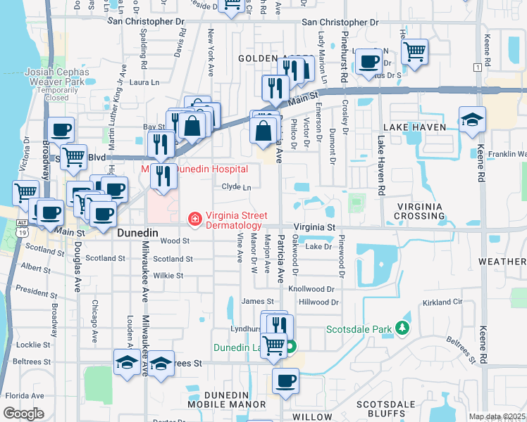 map of restaurants, bars, coffee shops, grocery stores, and more near 820 Patricia Avenue in Dunedin