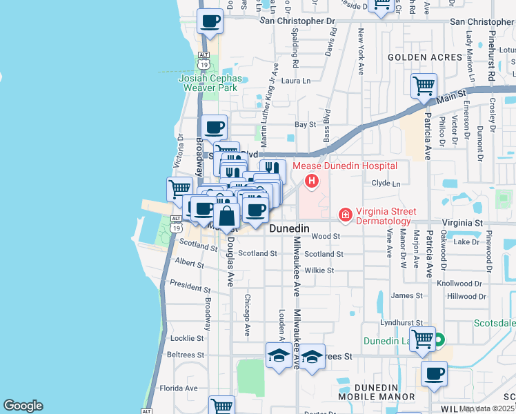 map of restaurants, bars, coffee shops, grocery stores, and more near 458 Virginia Lane in Dunedin
