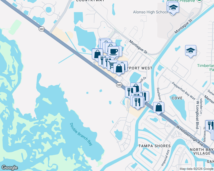 map of restaurants, bars, coffee shops, grocery stores, and more near 11382 West Hillsborough Avenue in Tampa