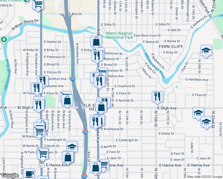 map of restaurants, bars, coffee shops, grocery stores, and more near 7108 North 10th Street in Tampa