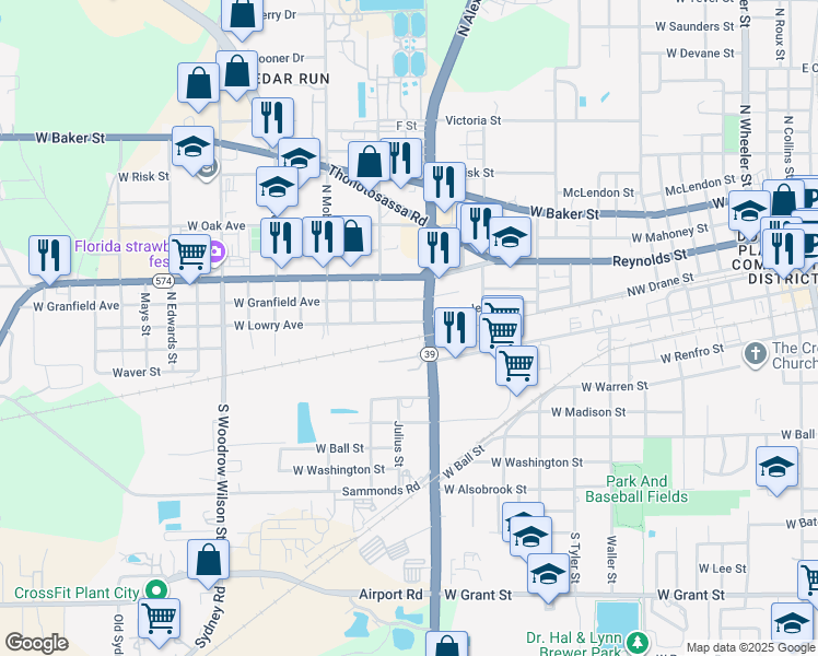 map of restaurants, bars, coffee shops, grocery stores, and more near 1509 West Lowry Avenue in Plant City
