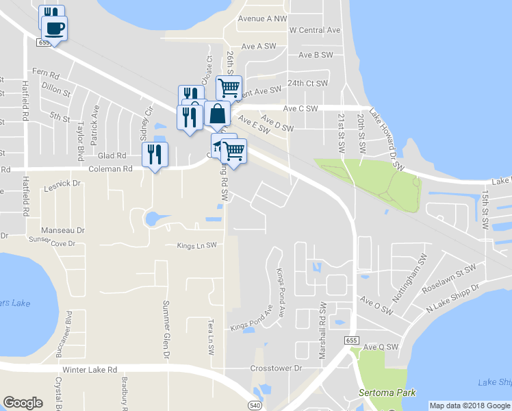 map of restaurants, bars, coffee shops, grocery stores, and more near 1708 Wallace Manor Loop in Winter Haven