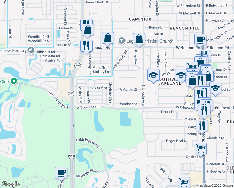 map of restaurants, bars, coffee shops, grocery stores, and more near 2826 South San Gully Road in Lakeland
