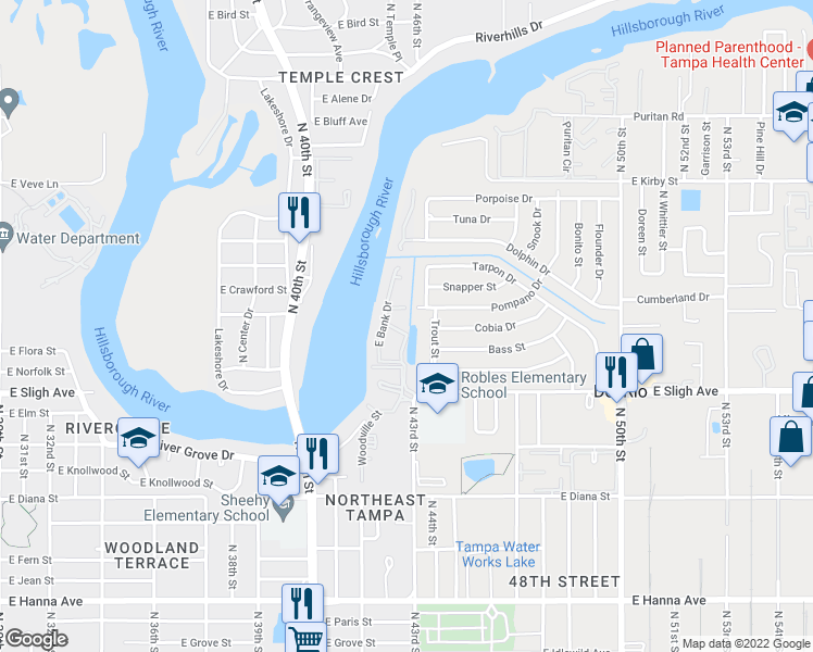 map of restaurants, bars, coffee shops, grocery stores, and more near 7131 Waterside Drive in Tampa