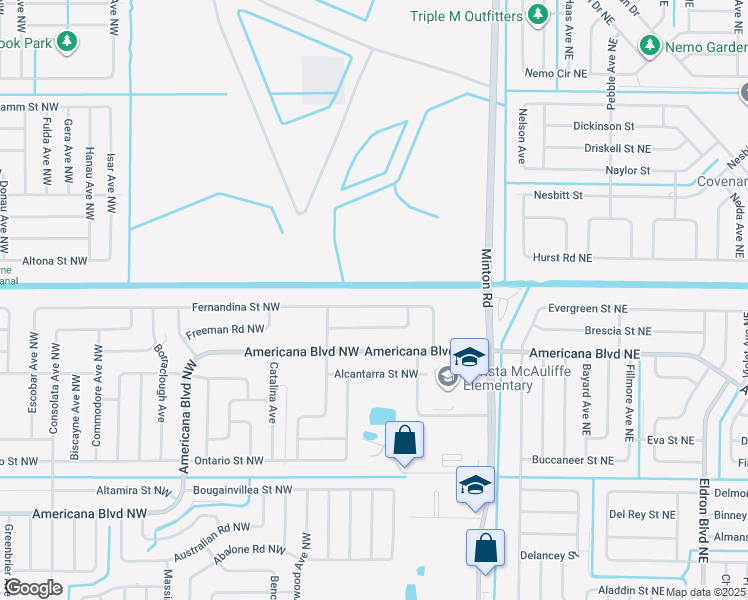 map of restaurants, bars, coffee shops, grocery stores, and more near 288 Fernandina Street Northwest in Palm Bay