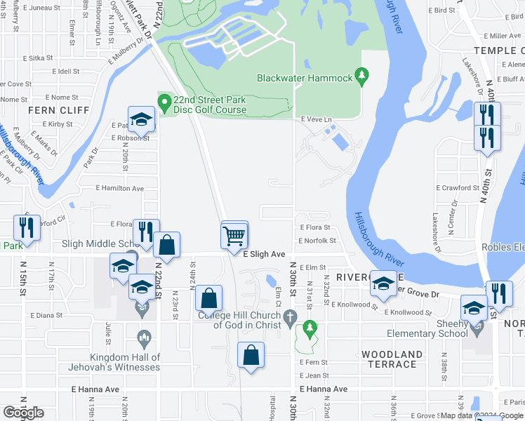 map of restaurants, bars, coffee shops, grocery stores, and more near 2901 East Crawford Street in Tampa