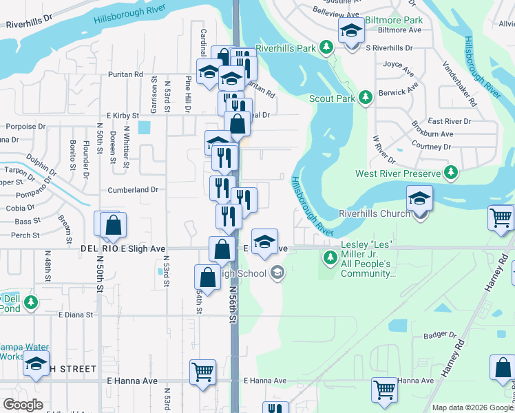 map of restaurants, bars, coffee shops, grocery stores, and more near 6917 Bonair Drive in Tampa