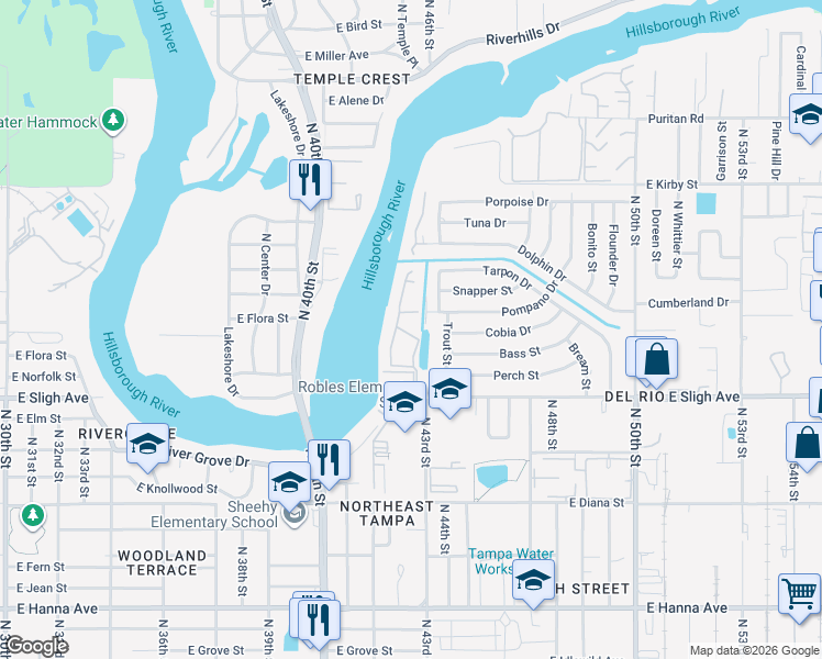 map of restaurants, bars, coffee shops, grocery stores, and more near 6944 Trout Street in Tampa