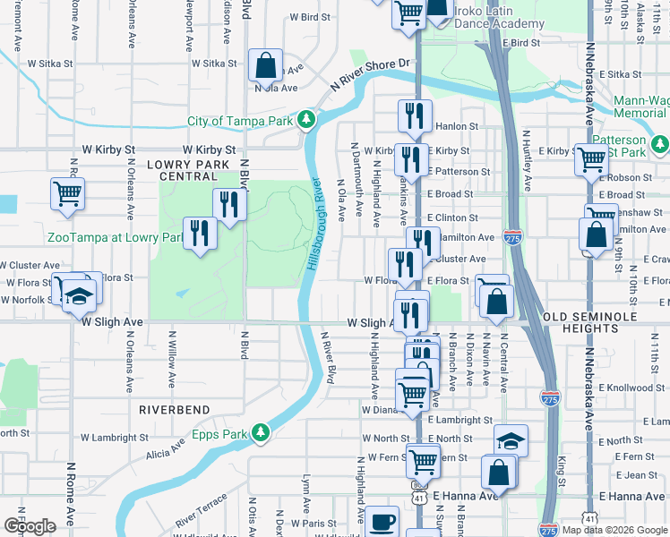 map of restaurants, bars, coffee shops, grocery stores, and more near 408 West Flora Street in Tampa