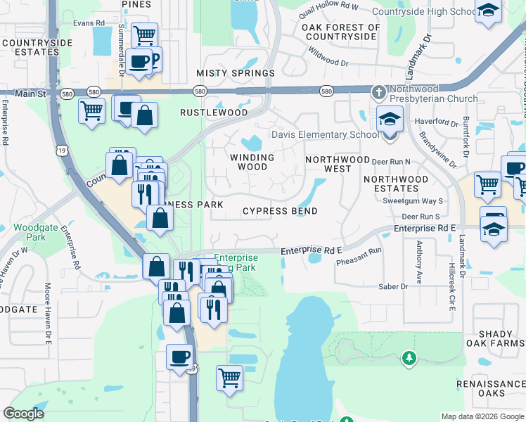 map of restaurants, bars, coffee shops, grocery stores, and more near 2685 Cypress Bend Drive in Clearwater