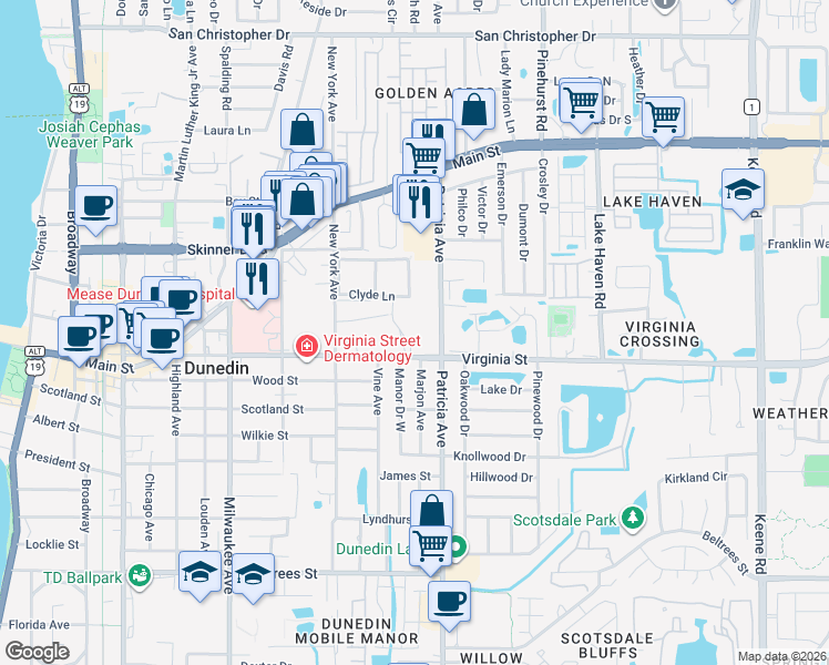 map of restaurants, bars, coffee shops, grocery stores, and more near 820 Patricia Avenue in Dunedin