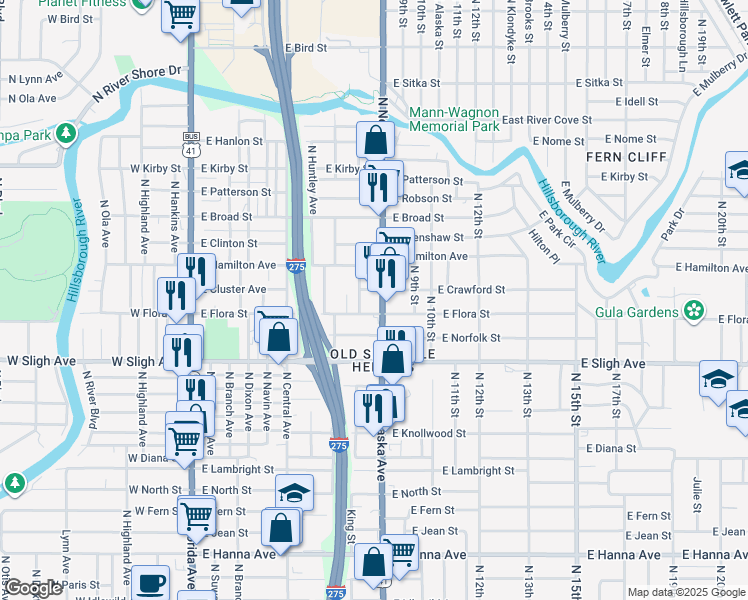map of restaurants, bars, coffee shops, grocery stores, and more near 821 East Flora Street in Tampa