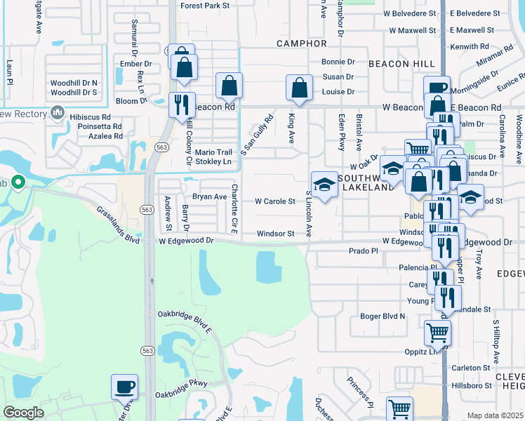 map of restaurants, bars, coffee shops, grocery stores, and more near 927 Castle Way in Lakeland