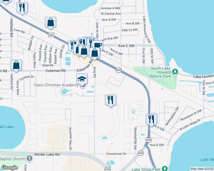 map of restaurants, bars, coffee shops, grocery stores, and more near 1717 Wallace Manor Loop in Winter Haven