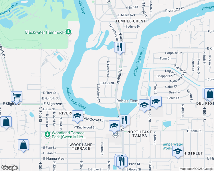 map of restaurants, bars, coffee shops, grocery stores, and more near 7014 North Palmetto Lane in Tampa