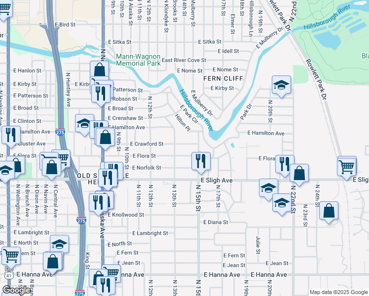 map of restaurants, bars, coffee shops, grocery stores, and more near 1308 East Flora Street in Tampa