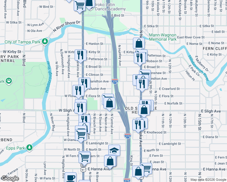 map of restaurants, bars, coffee shops, grocery stores, and more near 7005 North Central Avenue in Tampa