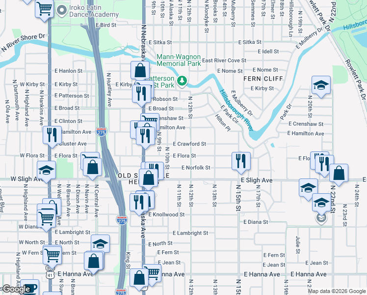 map of restaurants, bars, coffee shops, grocery stores, and more near 1015 East Crawford Street in Tampa