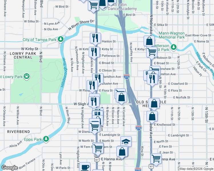map of restaurants, bars, coffee shops, grocery stores, and more near 110 East Flora Street in Tampa