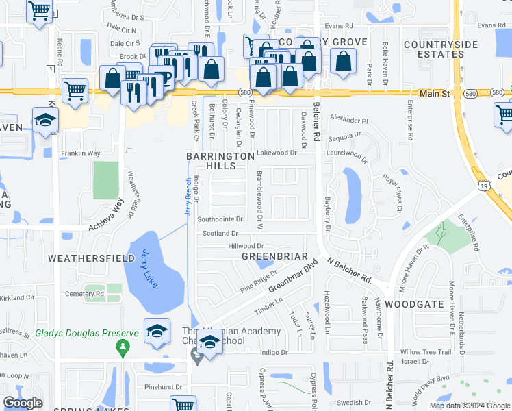map of restaurants, bars, coffee shops, grocery stores, and more near 2525 Bramblewood Drive West in Clearwater