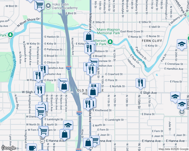 map of restaurants, bars, coffee shops, grocery stores, and more near 906 East Flora Street in Tampa