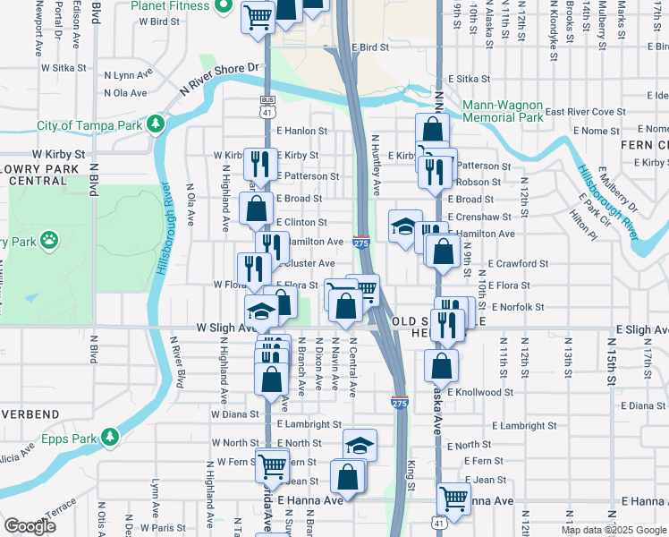 map of restaurants, bars, coffee shops, grocery stores, and more near 308 East Flora Street in Tampa