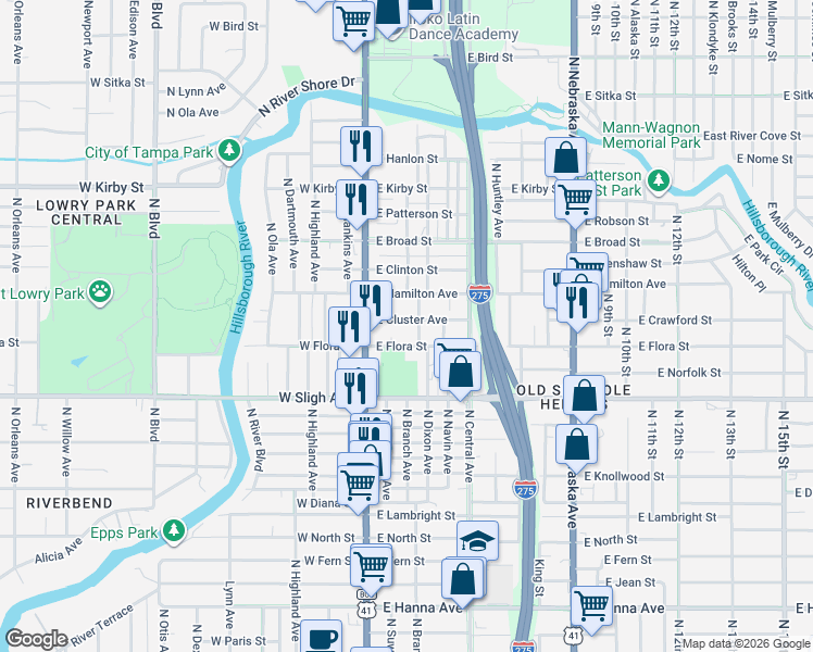 map of restaurants, bars, coffee shops, grocery stores, and more near 110 East Flora Street in Tampa