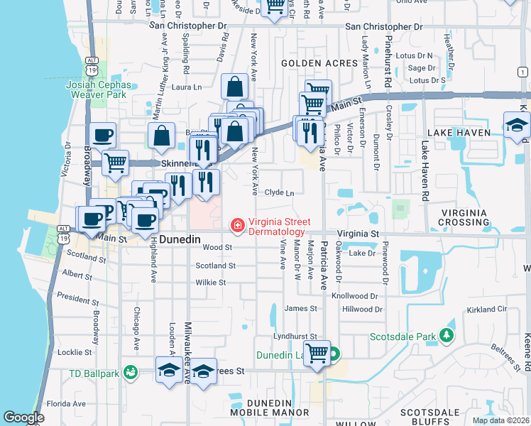 map of restaurants, bars, coffee shops, grocery stores, and more near 820 Virginia Street in Dunedin