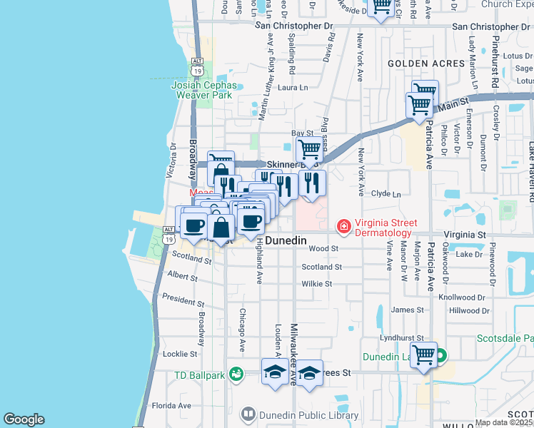 map of restaurants, bars, coffee shops, grocery stores, and more near 812 Louden Avenue in Dunedin