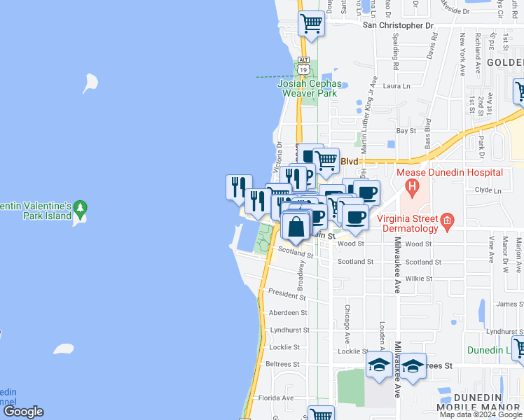 map of restaurants, bars, coffee shops, grocery stores, and more near 107 Marina Plaza in Dunedin