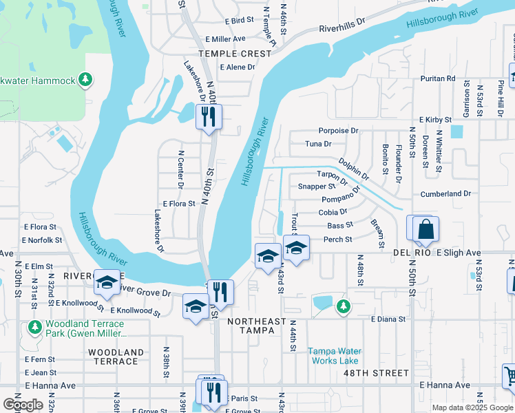 map of restaurants, bars, coffee shops, grocery stores, and more near 7236 East Bank Drive in Tampa