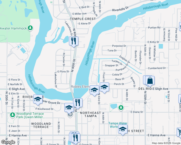 map of restaurants, bars, coffee shops, grocery stores, and more near 7246 East Bank Drive in Tampa