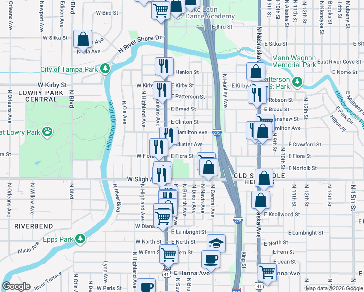 map of restaurants, bars, coffee shops, grocery stores, and more near 211 East Cluster Avenue in Tampa