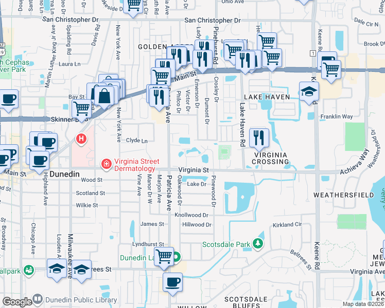 map of restaurants, bars, coffee shops, grocery stores, and more near 940 Virginia Street in Dunedin