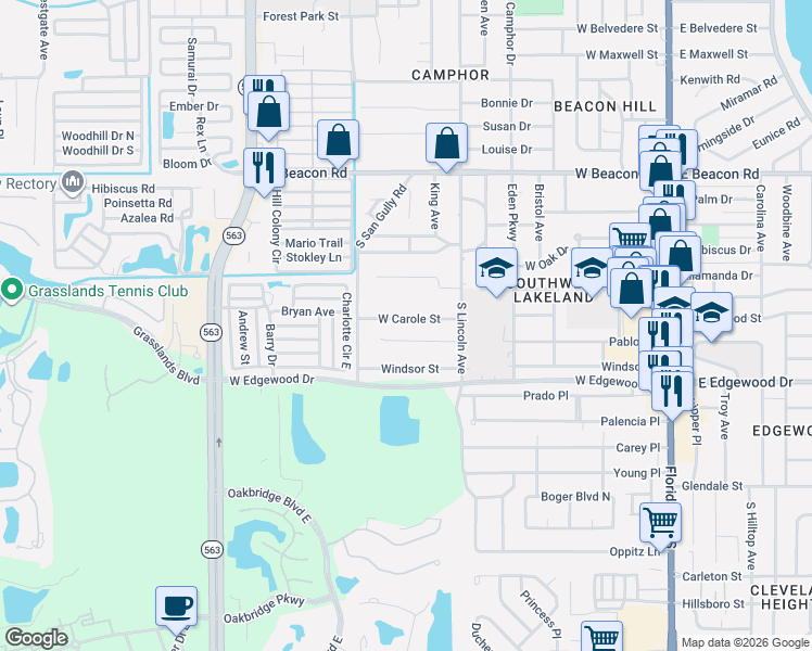 map of restaurants, bars, coffee shops, grocery stores, and more near 845 West Carole Street in Lakeland