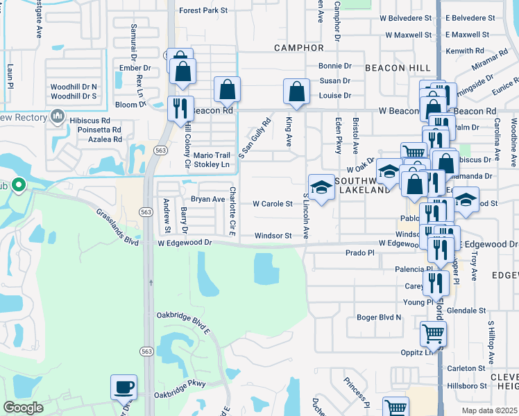 map of restaurants, bars, coffee shops, grocery stores, and more near 845 West Carole Street in Lakeland