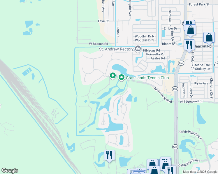 map of restaurants, bars, coffee shops, grocery stores, and more near 2648 Bellerive Drive in Lakeland