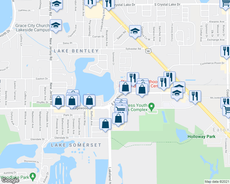 map of restaurants, bars, coffee shops, grocery stores, and more near 2000 East Edgewood Drive in Lakeland