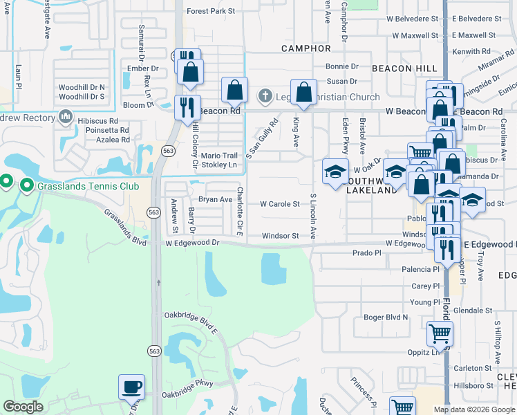 map of restaurants, bars, coffee shops, grocery stores, and more near 2520 South San Gully Road in Lakeland