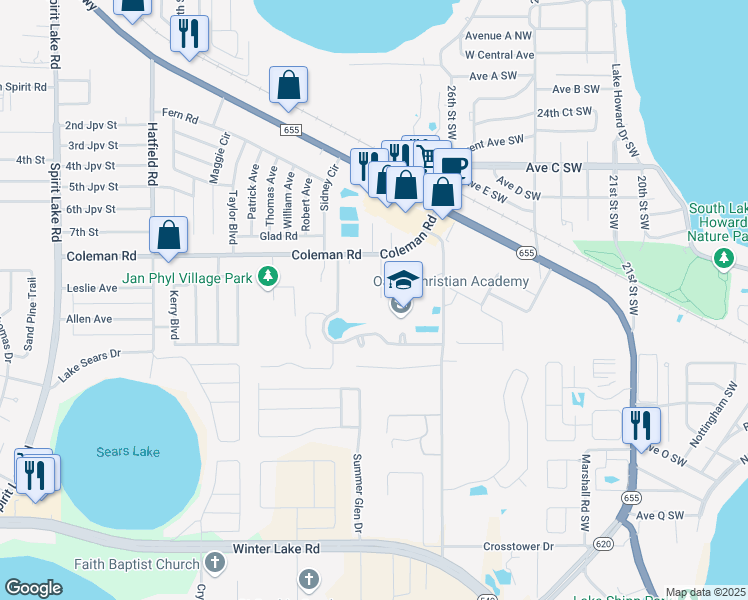 map of restaurants, bars, coffee shops, grocery stores, and more near 140 Varner Drive Southwest in Winter Haven