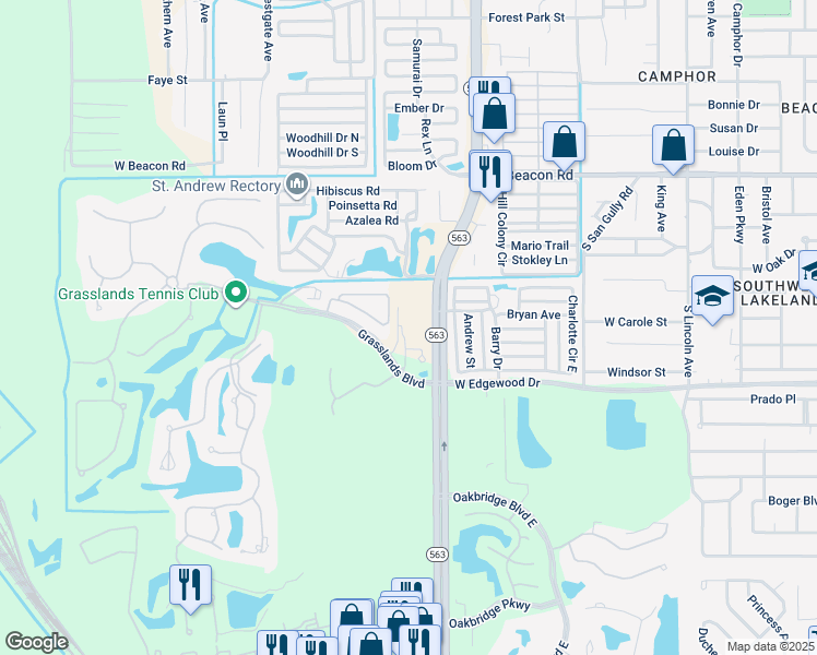 map of restaurants, bars, coffee shops, grocery stores, and more near 1325 Grasslands Boulevard in Lakeland