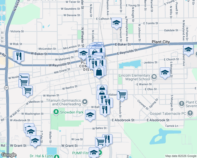 map of restaurants, bars, coffee shops, grocery stores, and more near 109-113 West Doctor Martin Luther King Junior Boulevard in Plant City
