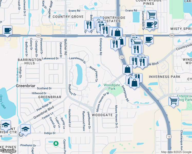 map of restaurants, bars, coffee shops, grocery stores, and more near 2543 Royal Pines Circle in Clearwater