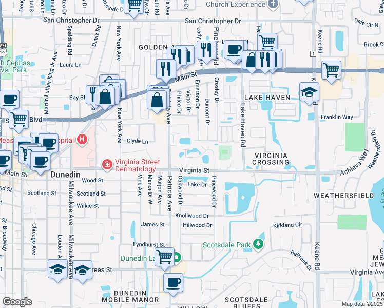 map of restaurants, bars, coffee shops, grocery stores, and more near 1153 Stewart Drive in Dunedin