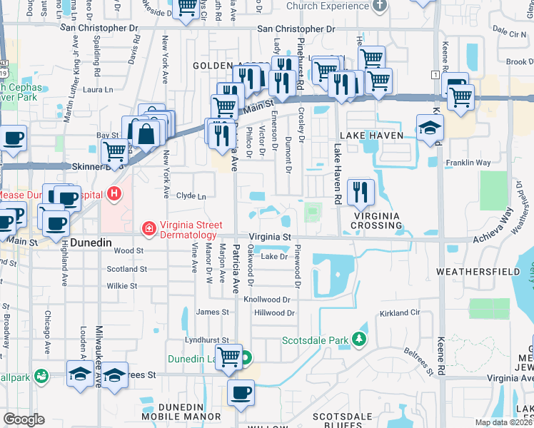 map of restaurants, bars, coffee shops, grocery stores, and more near 1153 Stewart Drive in Dunedin